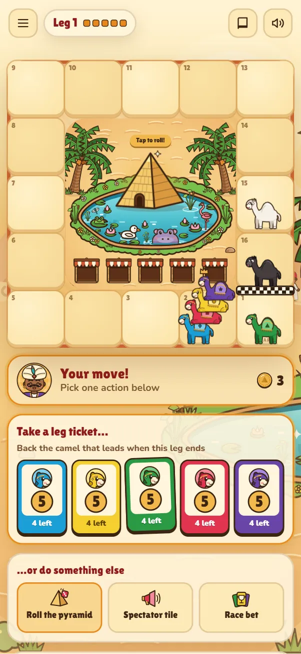 Oasis Derby race board: camels stacked on a 16-space track around an oasis, with leg betting tickets below.