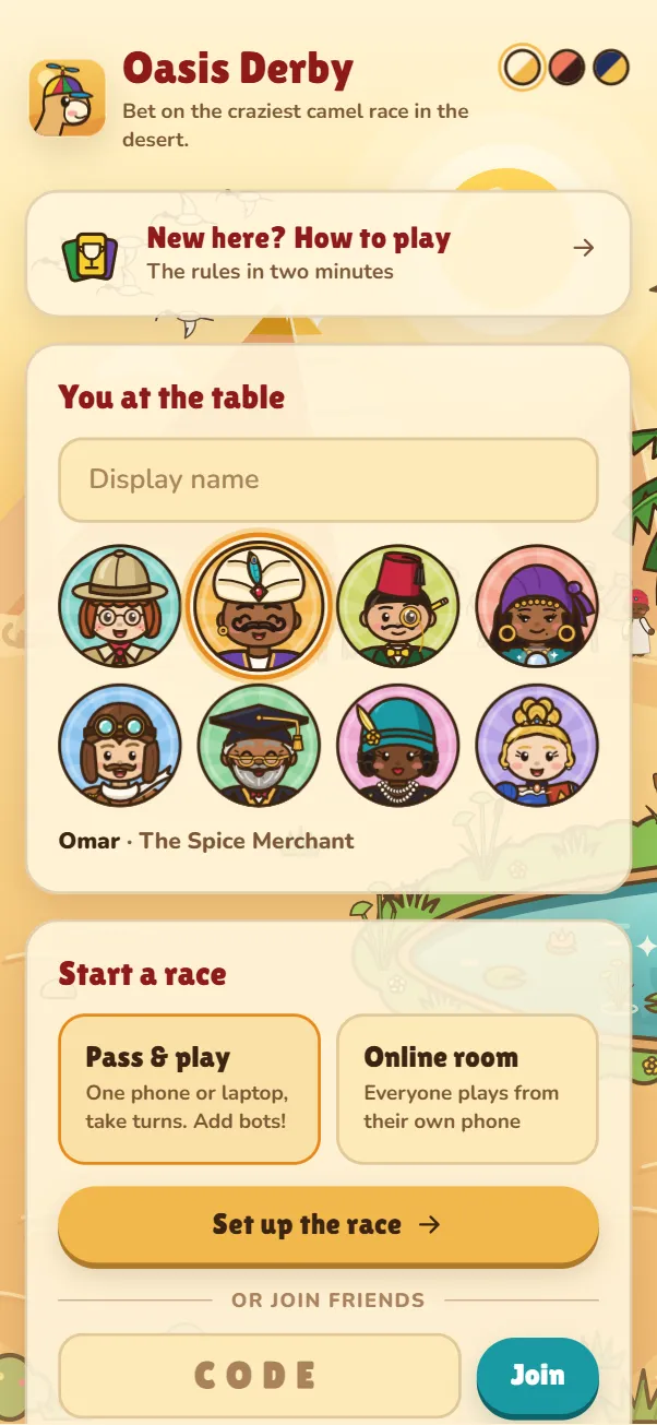 Oasis Derby start screen with eight illustrated characters to choose from.