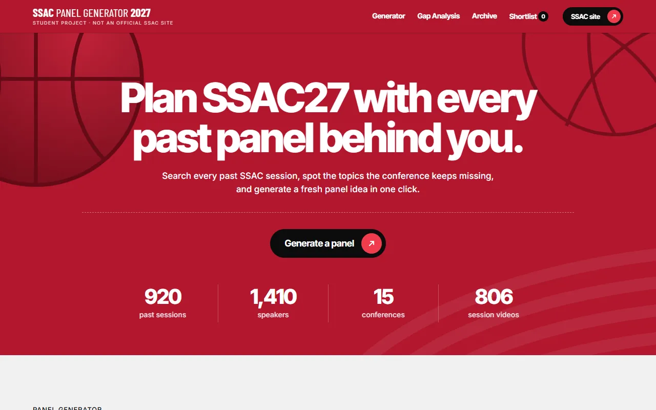 SSAC Panel Generator home page, with counts of 920 past sessions, 1,410 speakers, 15 conferences, and 806 session videos.