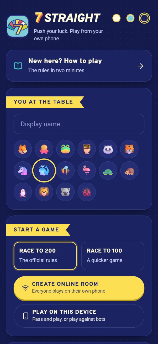 7 Straight start screen with an avatar picker and options to create an online room or play on one device.